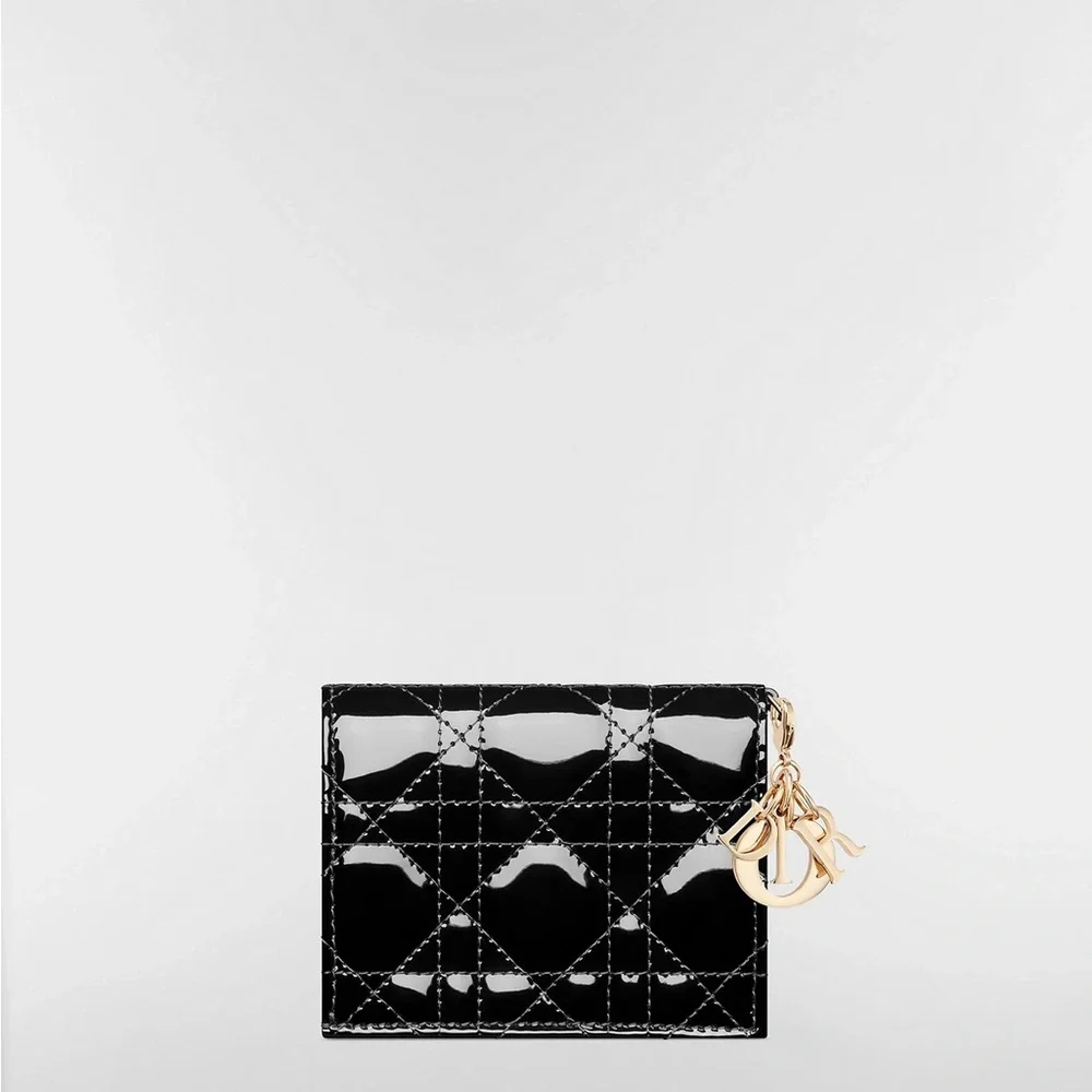 Dior Black Quilted Patent Leather Wallet with Gold Charm